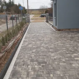 Nowo ułożona, grafitowo-szara kostka brukowa prowadząca do domu, z widocznym fragmentem ogrodzenia z siatki i nasadzeniami młodych tui wzdłuż granicy działki. Żółty wąż ogrodowy leży na kostce przy...