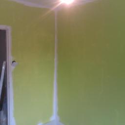 Fin end - Ściana pomalowana na jasnozielony kolor, widoczne białe obramowania i zabezpieczona folią podłoga. W rogu pokoju widoczny fragment drabiny.