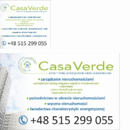 Casa Verde: zarządzanie nieruchomościami, pośrednictwo, wycena i świadectwa energetyczne. Kontakt: +48 515 299 055. Budynek mieszkalny w tle.