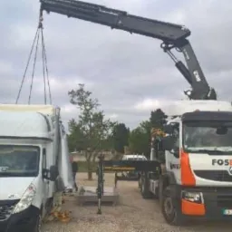 Załadunek towaru na samochód dostawczy za pomocą dźwigu, widoczny biały samochód dostawczy Renault Master i ciężarówka z dźwigiem marki Foselev.