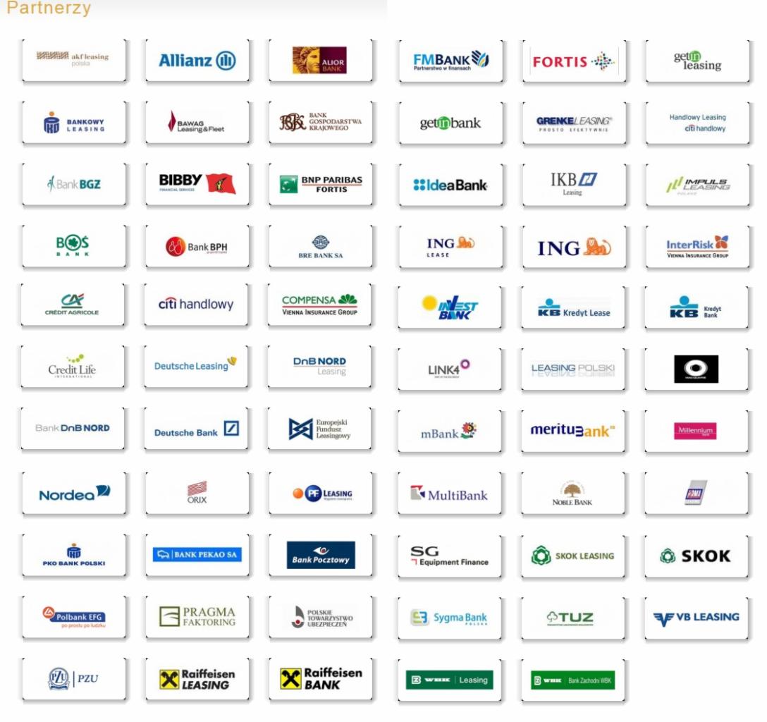 Partnerzy finansowi w Lublinie: Zestawienie logotypów banków, firm leasingowych i ubezpieczeniowych, tworzących sieć partnerską.