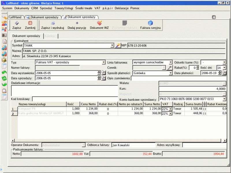 Okno programu księgowego LeftHand z otwartą fakturą VAT sprzedaży dla TAWK Sp. z o.o. z datami 2006-05-05 i wyszczególnionymi pozycjami: Komputer P4 i karta graficzna.
