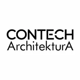 Logo firmy Contech Architektura z charakterystycznym wycięciem w literze 'E'.