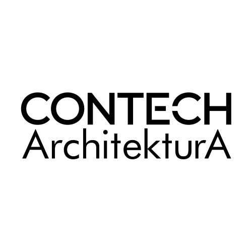 Logo firmy Contech Architektura z charakterystycznym wycięciem w literze 'E'.