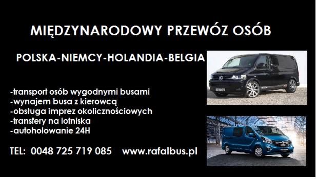 Grafika reklamowa: międzynarodowy transport osób do Polski, Niemiec, Holandii i Belgii. Dwa busy: czarny VW i niebieski Opel. Kontakt telefoniczny i adres strony.