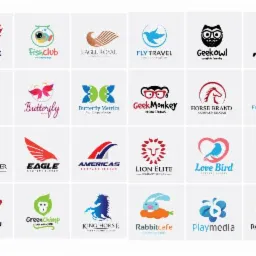 Kompilacja różnorodnych projektów logo na białym tle, prezentująca style od abstrakcyjnych po ilustracyjne, z nazwami firm i sloganami, wykonanych przez grafika z Libiąża.