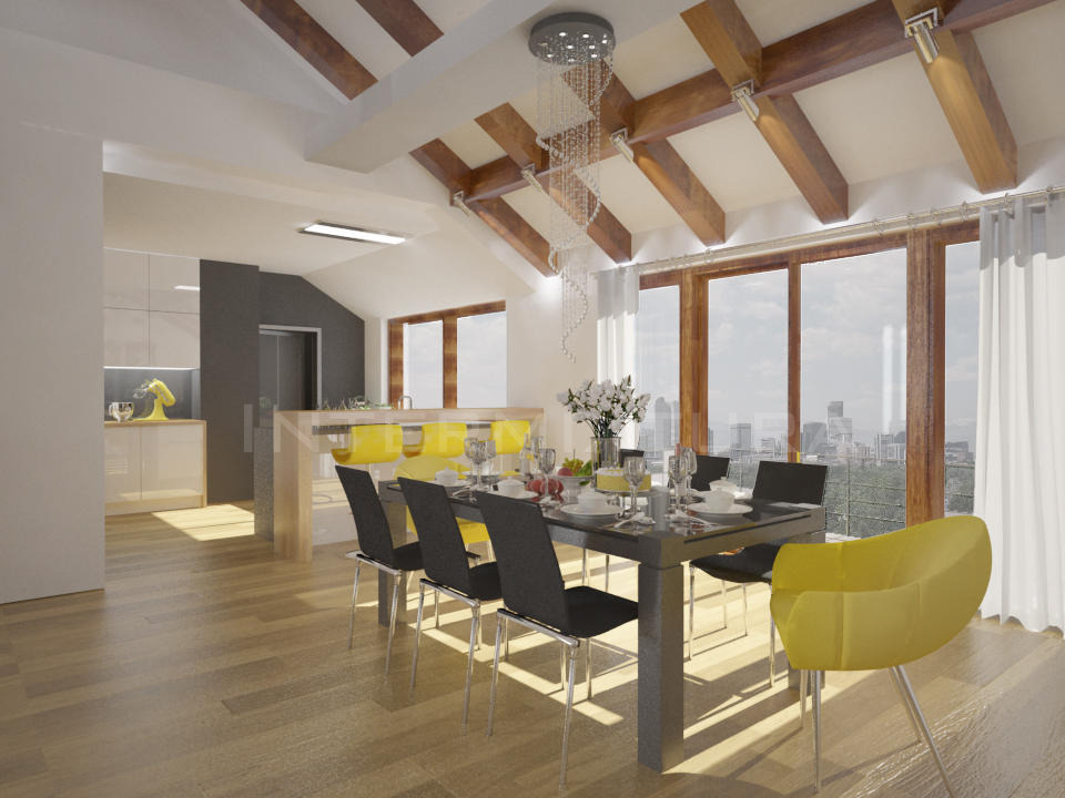 Wizualizacja jadalni w jasnych barwach z drewnianymi belkami stropowymi, szarym stołem i czarnymi krzesłami, z żółtym akcentem w postaci krzesła i dekoracji w kuchni w tle.
