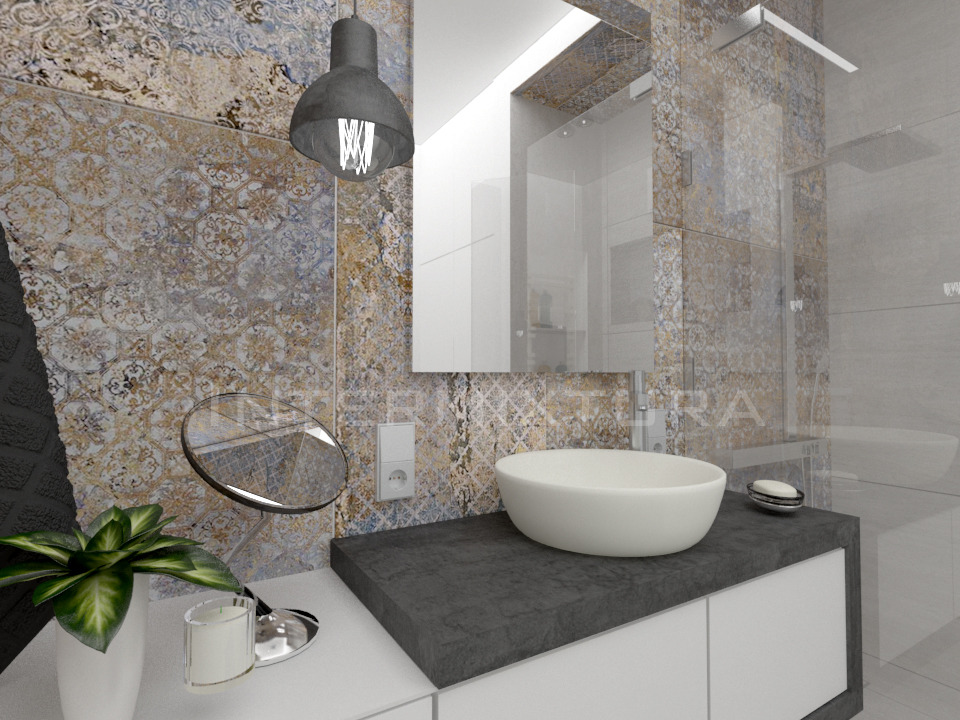 Wizualizacja łazienki z umywalką nablatową, lustrem, wzorzystymi płytkami ceramicznymi w odcieniach beżu i niebieskiego, oraz czarną lampą wiszącą, uzupełniona zieloną rośliną w doniczce i okrągłym...