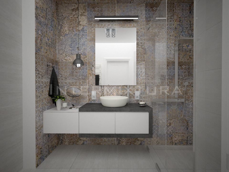 Wizualizacja łazienki z umywalką nablatową, szafką pod umywalką w kolorze białym, dekoracyjną tapetą w odcieniach brązu i niebieskiego oraz kabiną prysznicową ze szklaną ścianką.