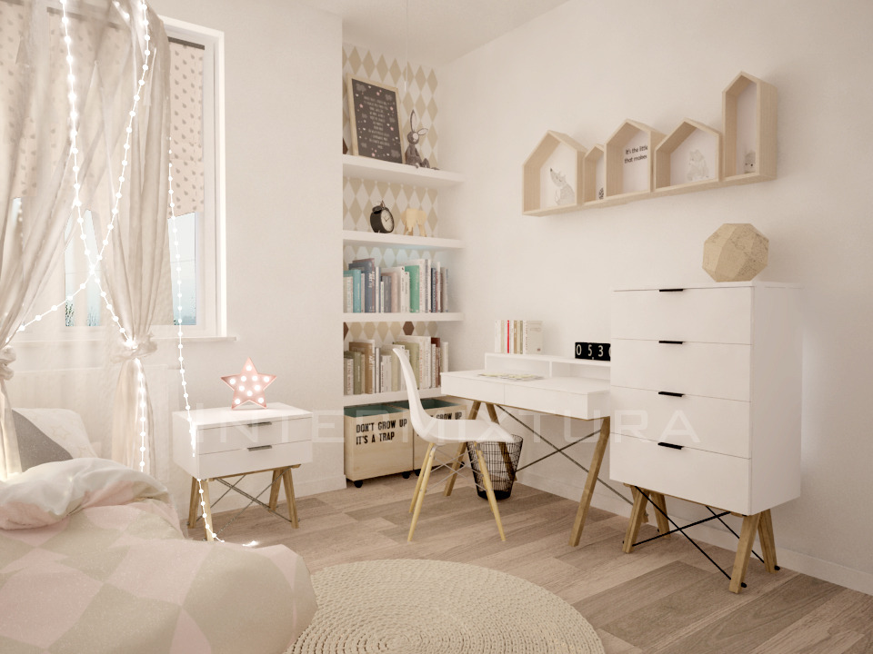 Jasny pokój dziecięcy z łóżkiem pod baldachimem z lampek, biurkiem, komodą i półkami w kształcie domków na ścianie.