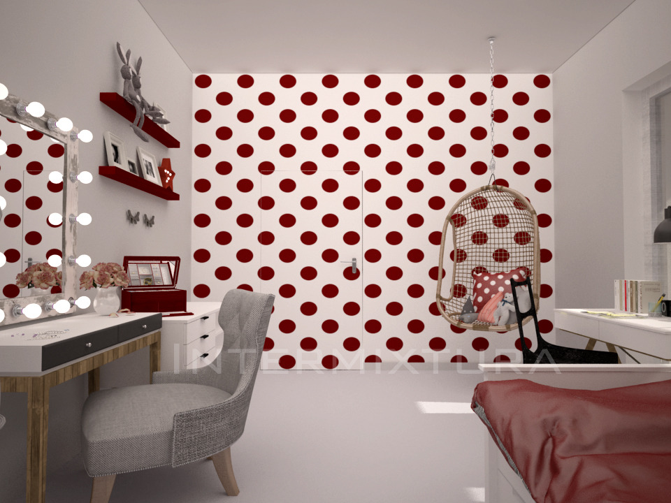 Pokój dziewczynki z toaletką z lustrem, wiszącym fotelem z poduszkami w kropki i ścianą w czerwone grochy.