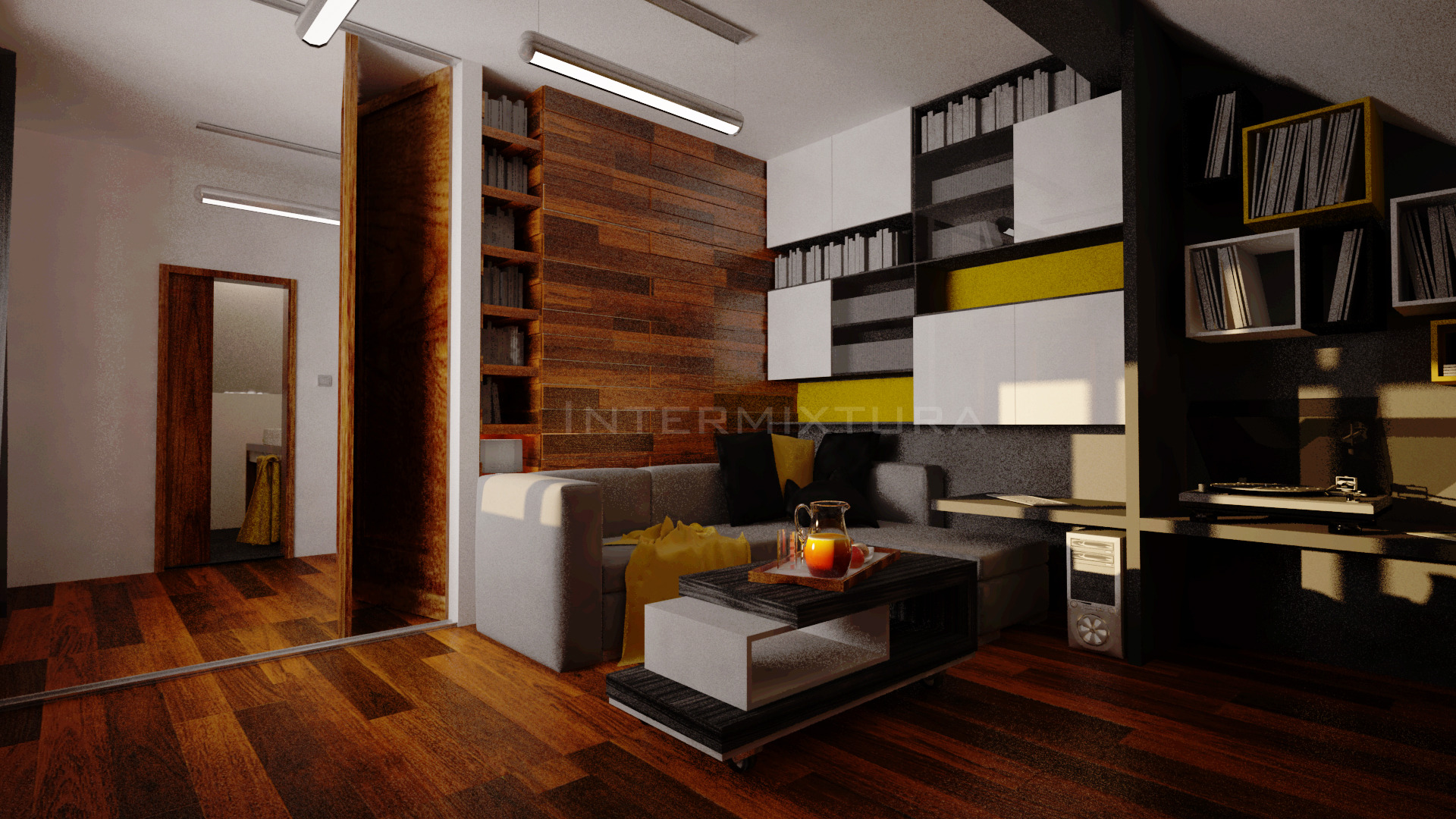 Wizualizacja salonu z drewnianą ścianą, regałami z książkami, szarą sofą z żółtymi akcentami i niskim stolikiem kawowym z dzbankiem soku.