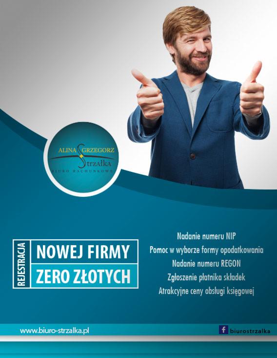 Grafika reklamowa z uśmiechniętym mężczyzną w marynarce pokazującym kciuki w górę, logo firmy i informacjami o usłudze rejestracji nowej firmy za zero złotych.