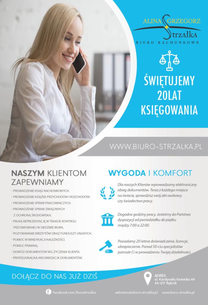 Uśmiechnięta blondynka rozmawia przez telefon, na tle reklamy biura rachunkowego Alina Grzegorz Strzałka świętującego 20 lat księgowania, z informacjami o usługach i wygodach dla klientów.