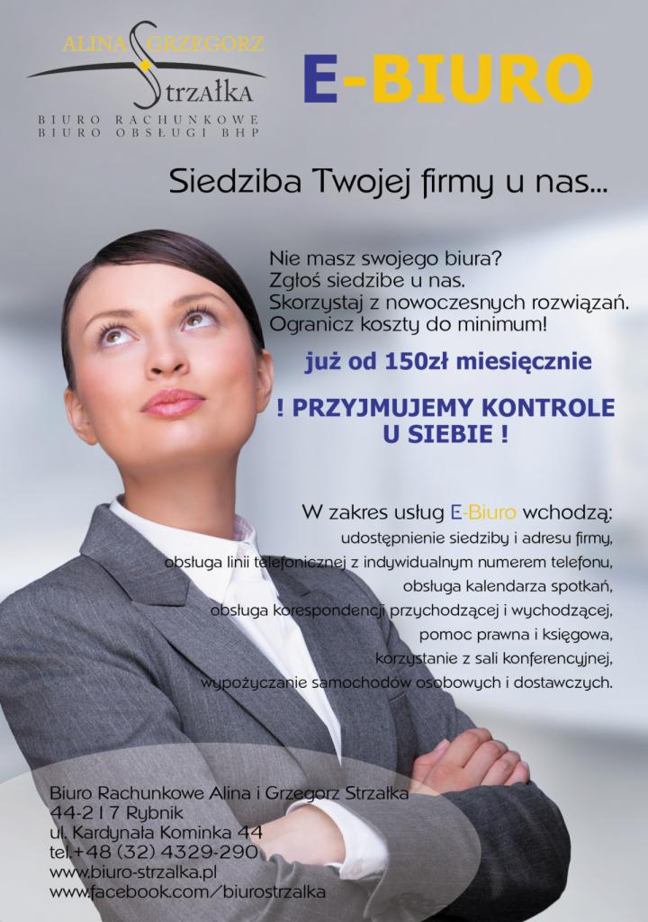 Kobieta w garniturze spogląda w górę na reklamę E-Biura oferującego wirtualny adres firmy od 150 zł/miesiąc, z obsługą korespondencji i salą konferencyjną.