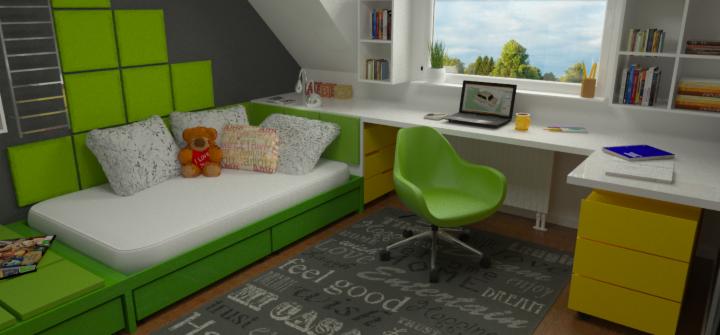 Pokój dziecięcy ze strefą do spania i nauki: zielone panele, białe poduszki, biurko z laptopem, żółte szuflady, dywan w napisy. Jasne wnętrze z oknem.