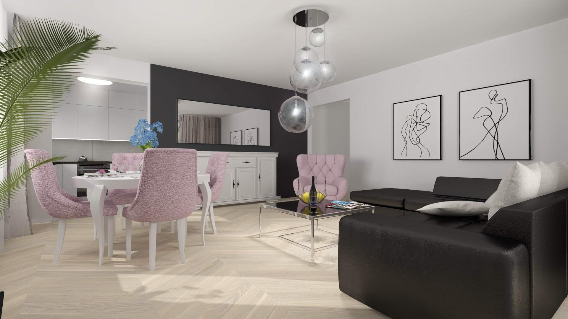 Wizualizacja salonu z jadalnią: różowe krzesła tapicerowane wokół białego stołu, czarna ściana z lustrem, biała komoda, czarna sofa i szklany stolik kawowy, nad stołem lampa z kulistych kloszy.