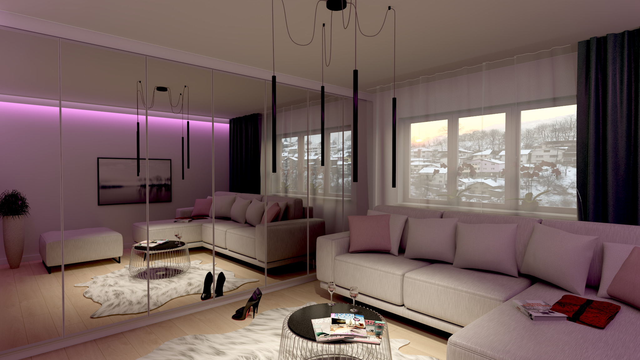 Nowoczesny salon z narożną sofą w odcieniach beżu i różu, lustrzaną ścianą z podświetleniem LED, okrągłym stolikiem kawowym z magazynami i parą czarnych szpilek na białym dywanie ze sztucznego futra.