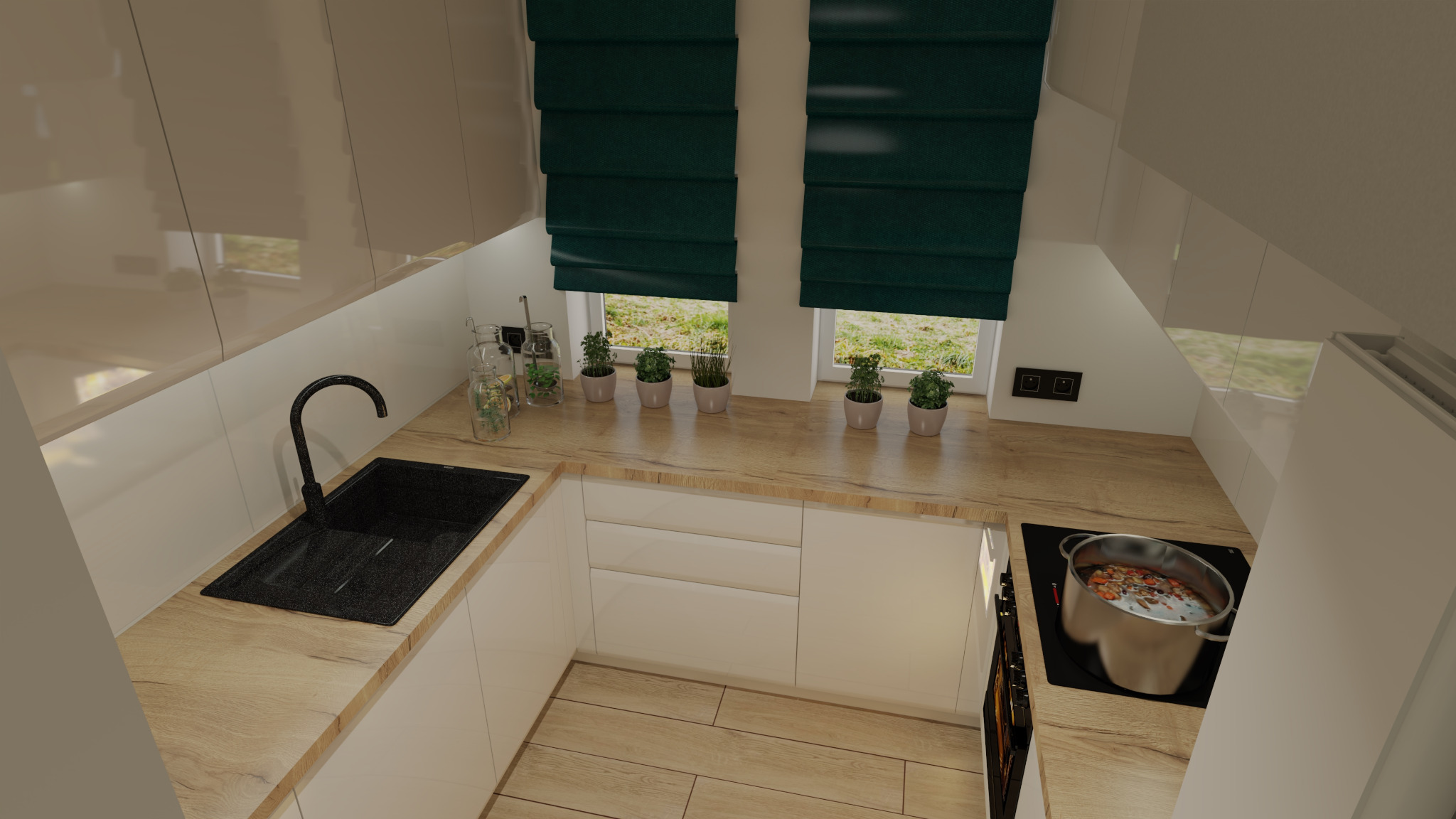 Kompaktowa kuchnia na poddaszu w Lublinie: białe, błyszczące szafki, drewniany blat, czarny zlew i bateria, zielone rolety rzymskie w oknach, doniczki z ziołami i gotujący się garnek na płycie...