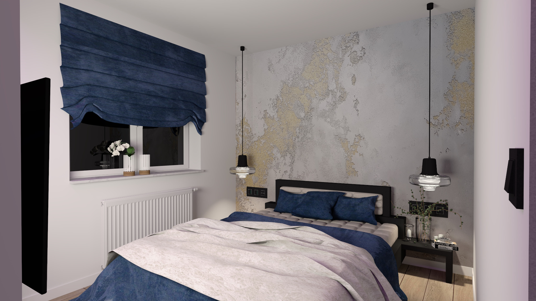 Sypialnia z łóżkiem, niebieską pościelą i zasłonami rzymskimi, lampami wiszącymi z czarnymi kloszami i ścianą z efektem spękanej farby.