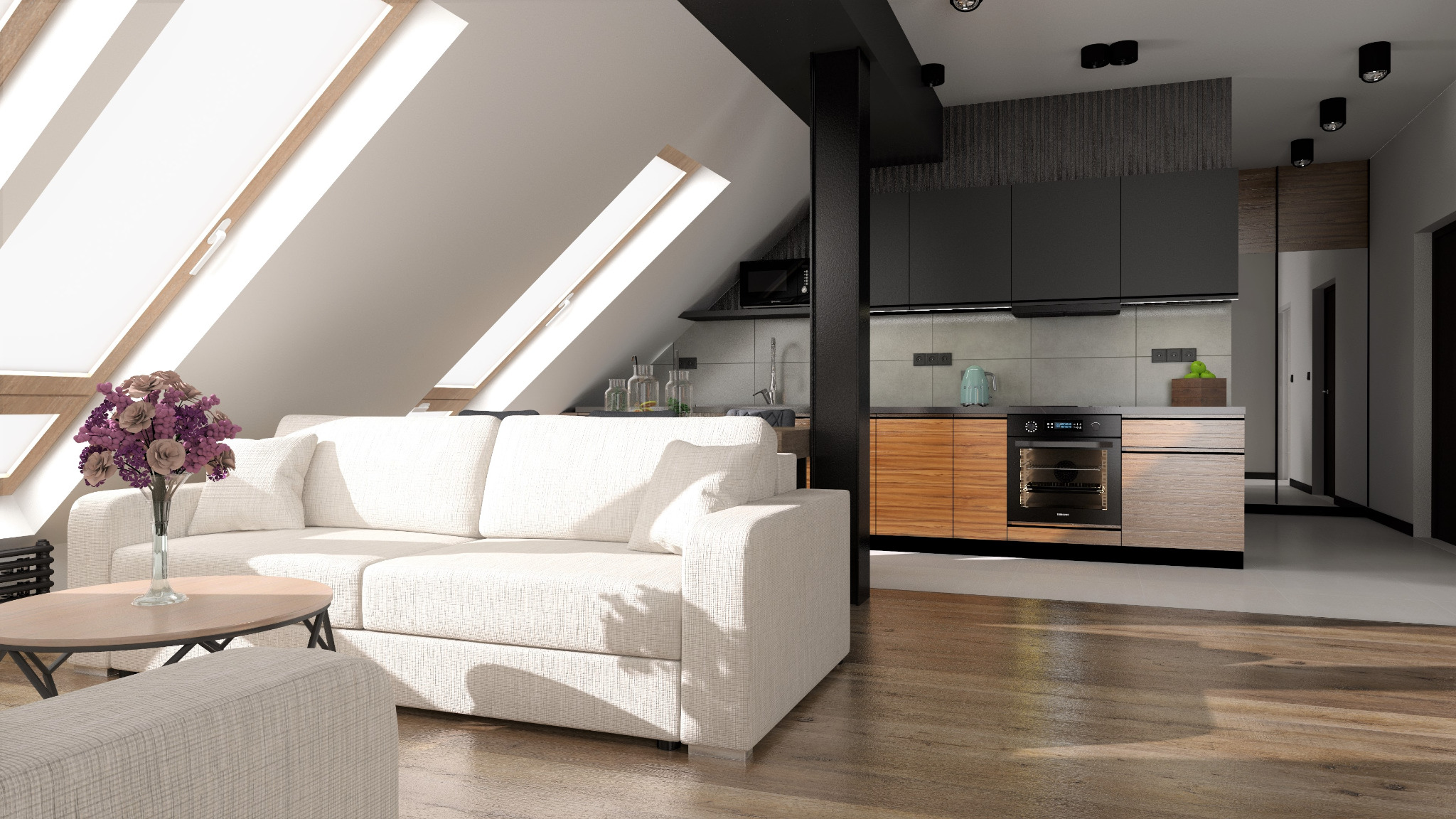 Nowoczesne wnętrze na poddaszu ze skośnymi oknami dachowymi, białym narożnikiem z kwiatami na stoliku kawowym i aneksem kuchennym z czarno-drewnianymi szafkami