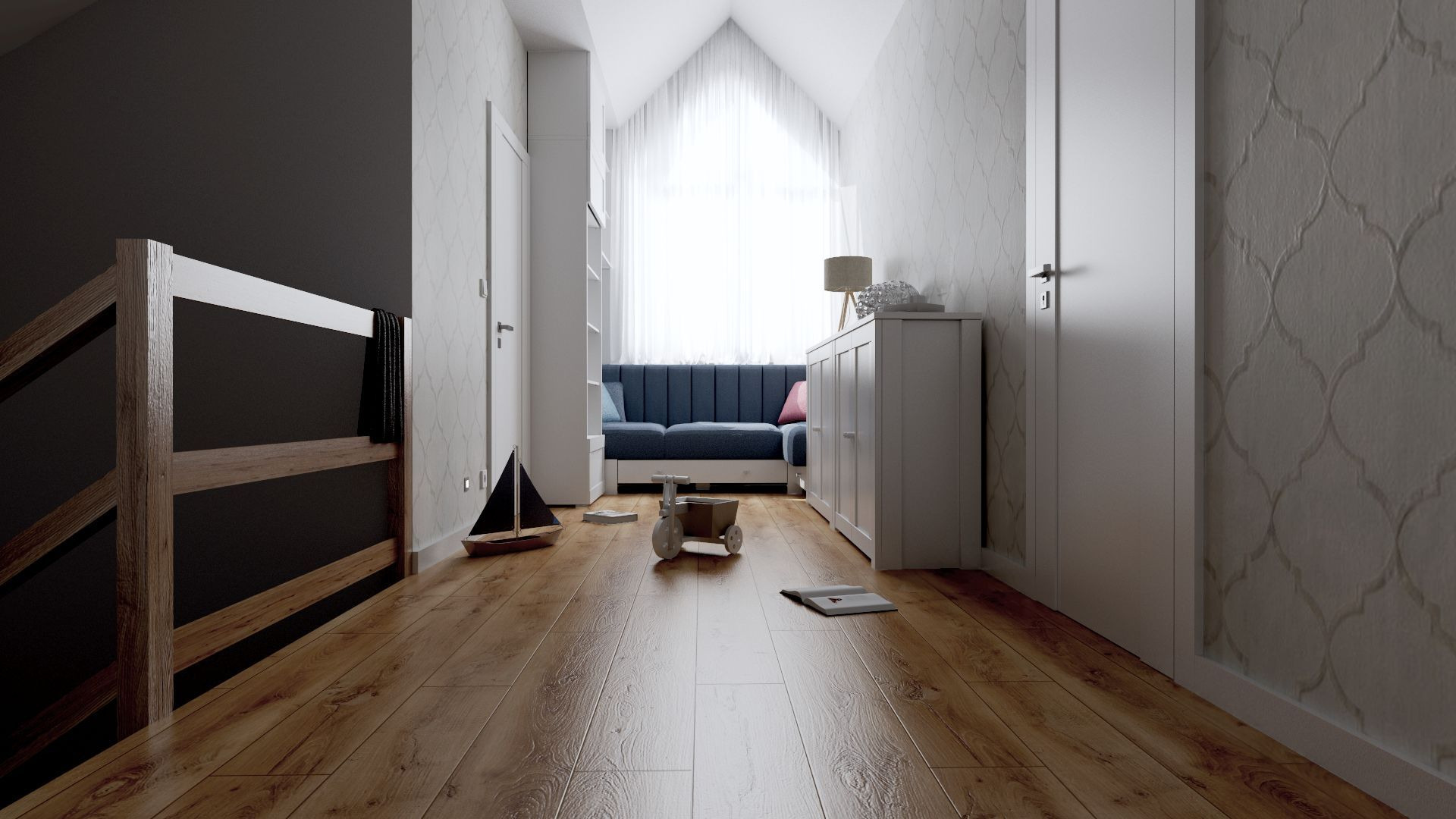 Pokój dziecięcy na poddaszu z drewnianą podłogą, łóżkiem pod oknem, białymi meblami i dekoracyjnymi tapetami w neutralnych barwach, zabawki na podłodze.