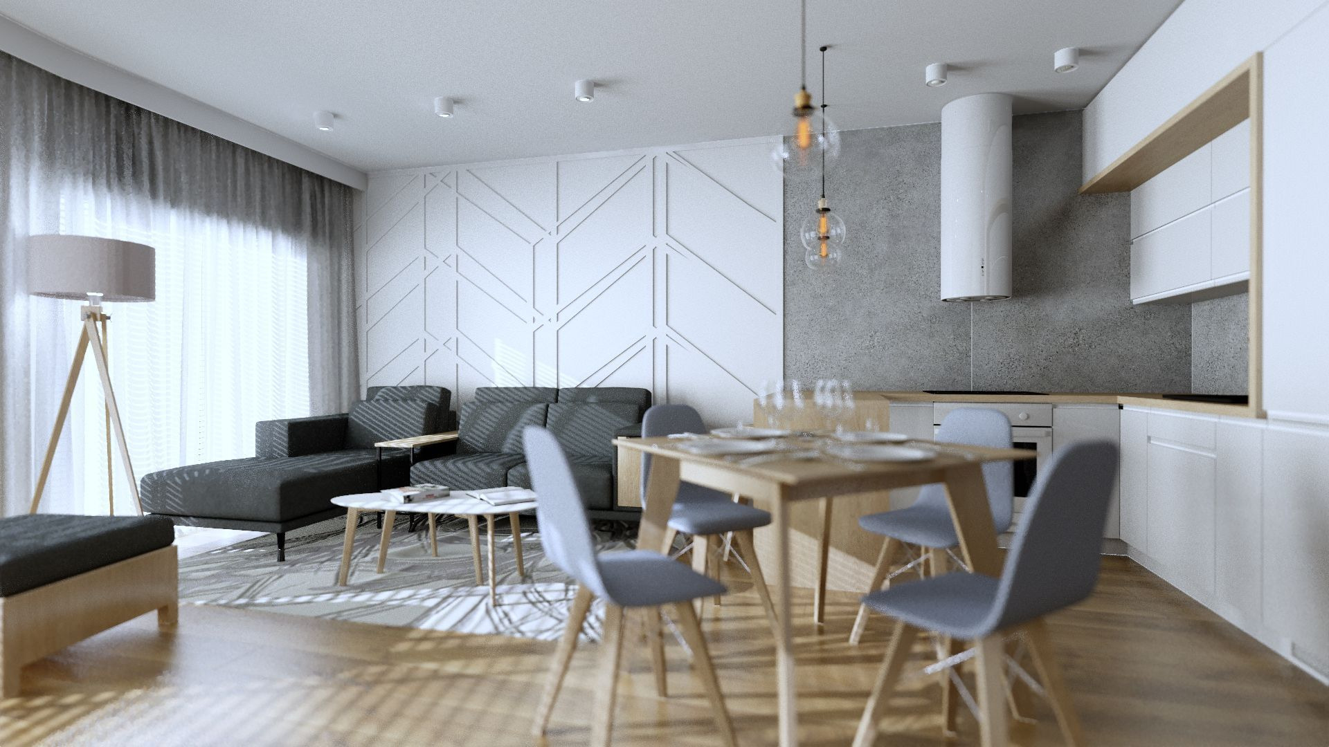 Nowoczesne wnętrze: salon z szarą sofą, drewnianym stołem jadalnym i białymi meblami kuchennymi, oświetlone lampą stojącą i wiszącymi lampami z żarówkami Edisona.