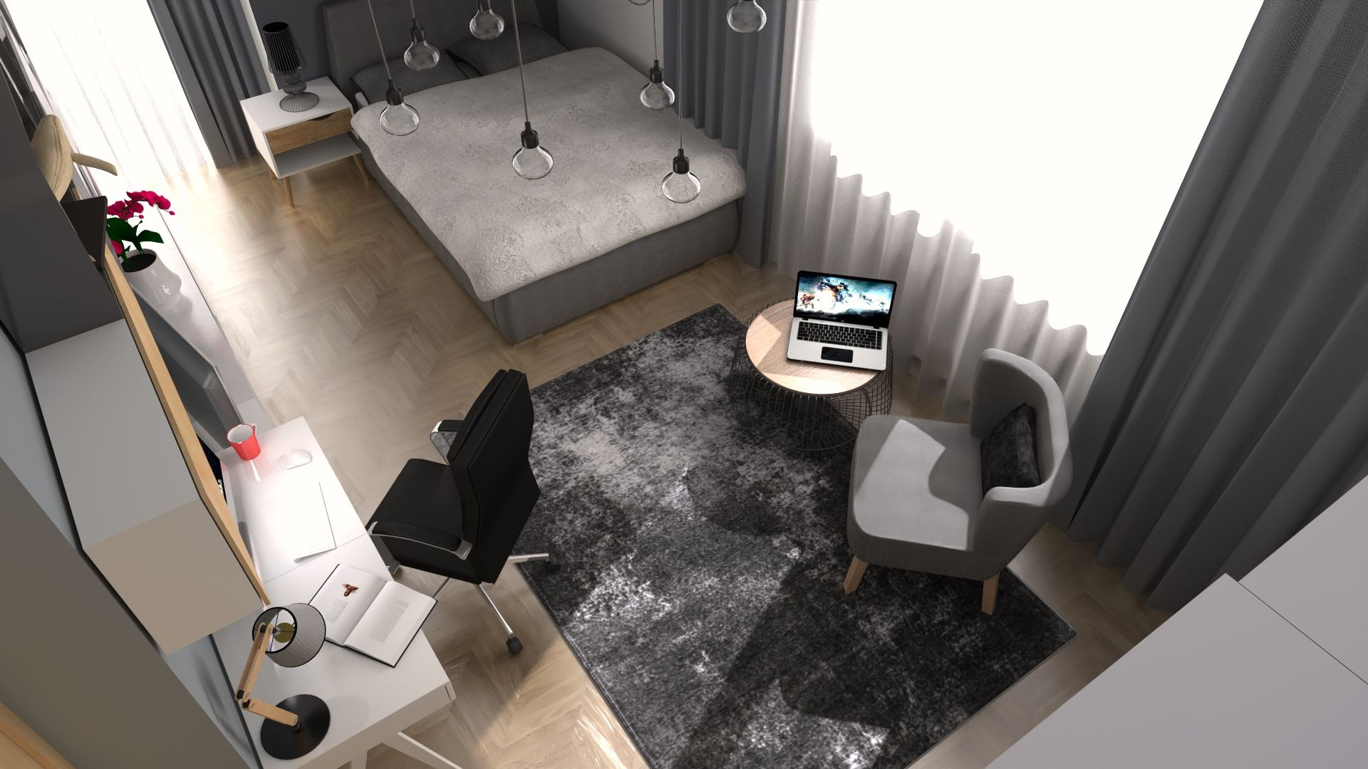 Wizualizacja sypialni z miejscem do pracy: biurko z lampką i otwartą książką, krzesło obrotowe, łóżko z szarą pościelą, stolik kawowy z laptopem i szary fotel na tle okna z zasłonami.