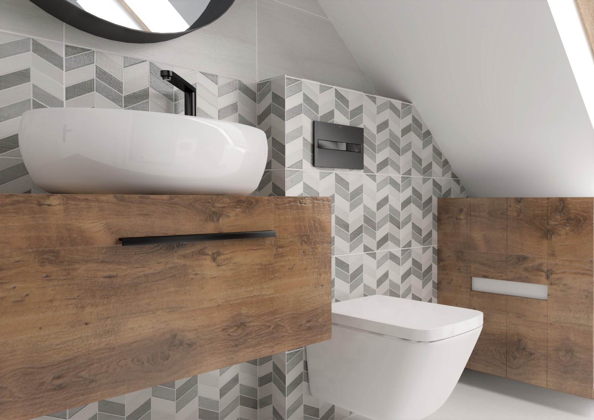 Nowoczesna łazienka na poddaszu z umywalką nablatową, drewnianą szafką pod umywalką, czarną armaturą, toaletą wiszącą i geometrycznymi płytkami na ścianach.