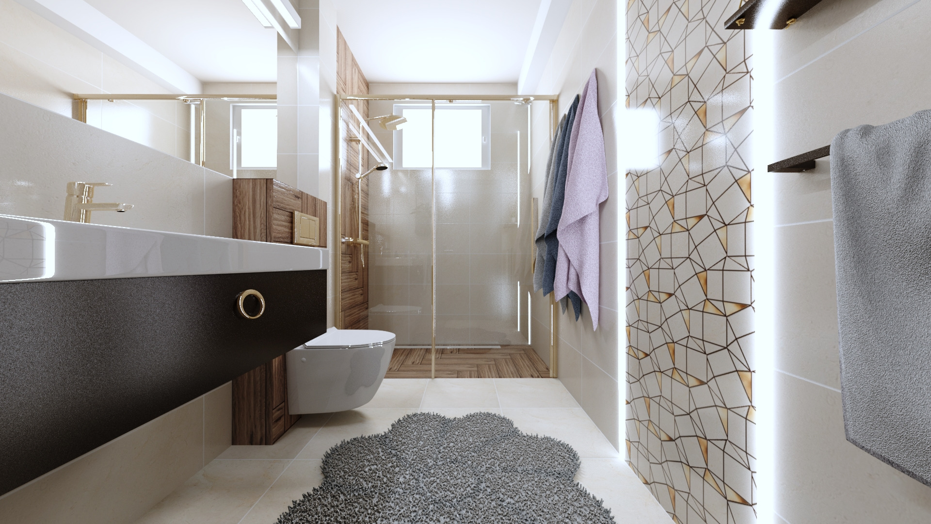 Nowoczesna łazienka z podwieszaną toaletą, kabiną prysznicową ze złotymi ramami, umywalką z czarnym blatem i okrągłym złotym uchwytem, oraz dekoracyjną ścianą z podświetleniem LED i geometrycznym...