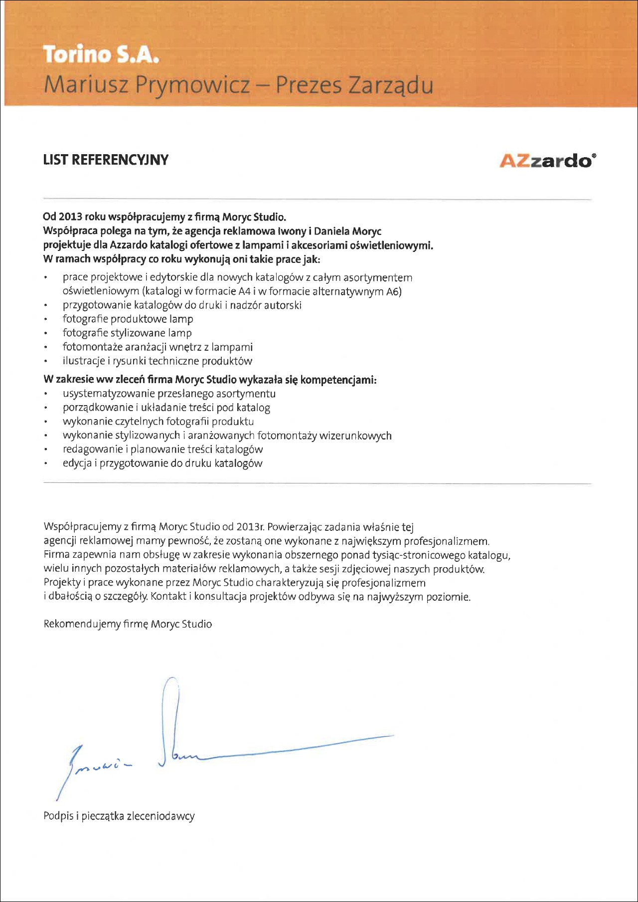Referencje dla Moryc Studio od Torino S.A. potwierdzające profesjonalizm w projektowaniu katalogów oświetleniowych i fotografii produktowej lamp Azzardo.