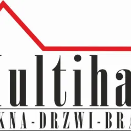 Logo firmy Multihas z czerwonym obrysem domu nad nazwą, oferującej okna, drzwi i bramy. Elegancki, minimalistyczny design na białym tle.