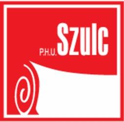 Czerwone logo P.H.U. Szulc w kwadracie z białym, zwiniętym elementem graficznym w lewym dolnym rogu. Wyraźny kontrast kolorów, prosta typografia.