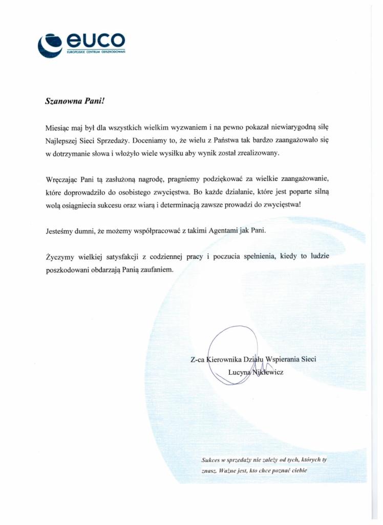 Pismo gratulacyjne od EUCO dla agenta sieci sprzedaży, z podziękowaniami za zaangażowanie i osiągnięte sukcesy. Sygnatura Z-ca Kierownika Działu Wsparcia Sieci.