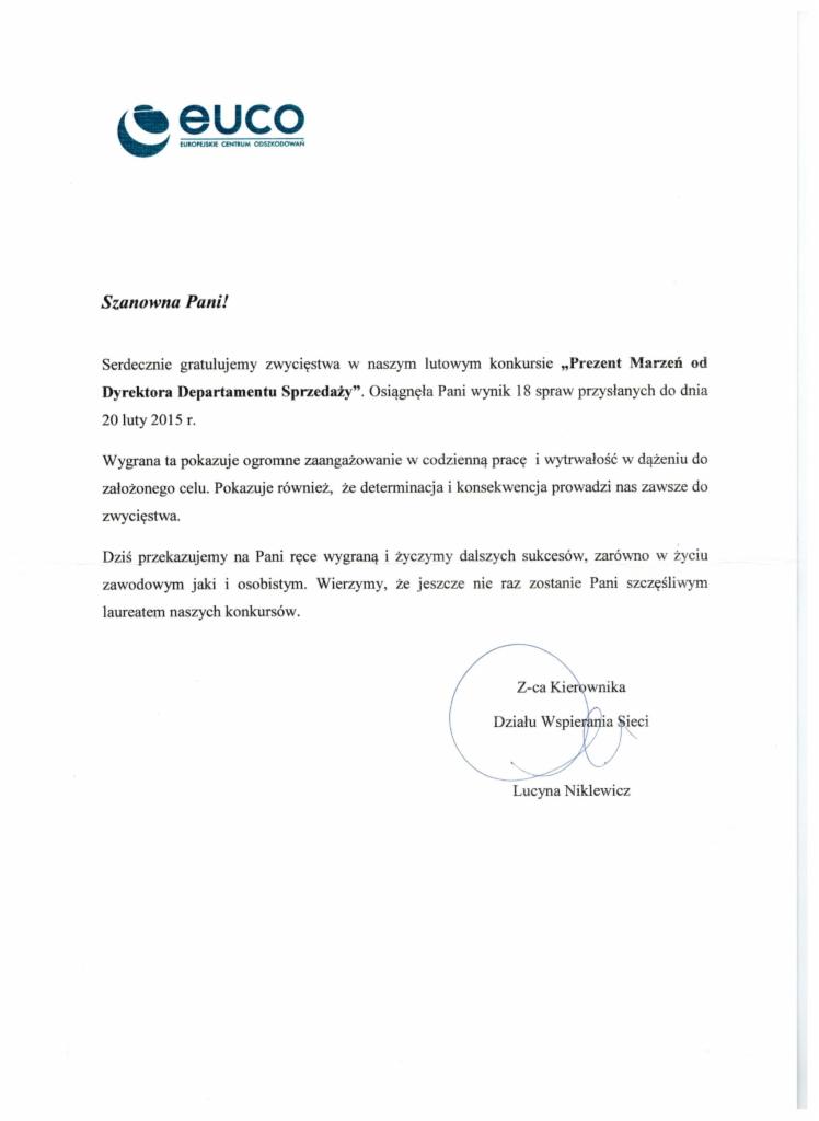 Pismo gratulacyjne od EUCO (Europejskie Centrum Odszkodowań) z podziękowaniem za wygraną w konkursie 'Prezent Marzeń od Dyrektora Departamentu Sprzedaży'.
