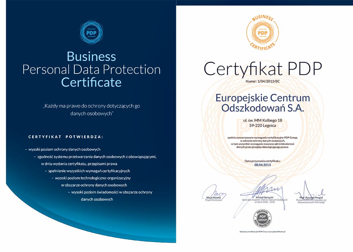 Europejskie Centrum Odszkodowań Certyfikat