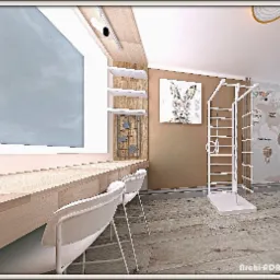 Pokój dziecięcy z długim biurkiem z jasnego drewna, białymi krzesłami, drabinką gimnastyczną, mapą świata na ścianie i obrazkiem królika w okularach.