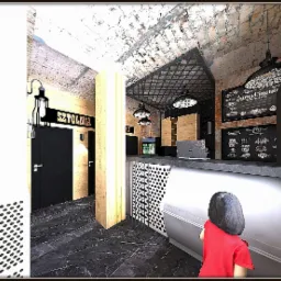 Wizualizacja wnętrza kawiarni/cukierni 'Sztolnia' z elementami industrialnymi: surowy ceglany sufit, czarne lampy wiszące, menu na tablicy kredowej, lada z perforacją, marmurowa podłoga i dziecko...