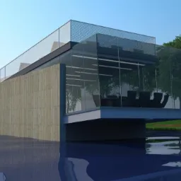 Wizualizacja budynku biurowego z drewnianą elewacją i przeszkloną częścią konferencyjną, odbijającego się w wodzie.