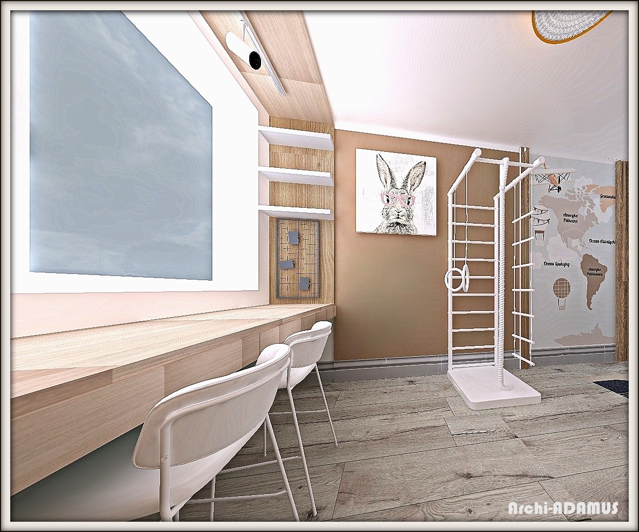 Pokój dziecięcy z długim biurkiem z jasnego drewna, białymi krzesłami, drabinką gimnastyczną, mapą świata na ścianie i obrazkiem królika w okularach.