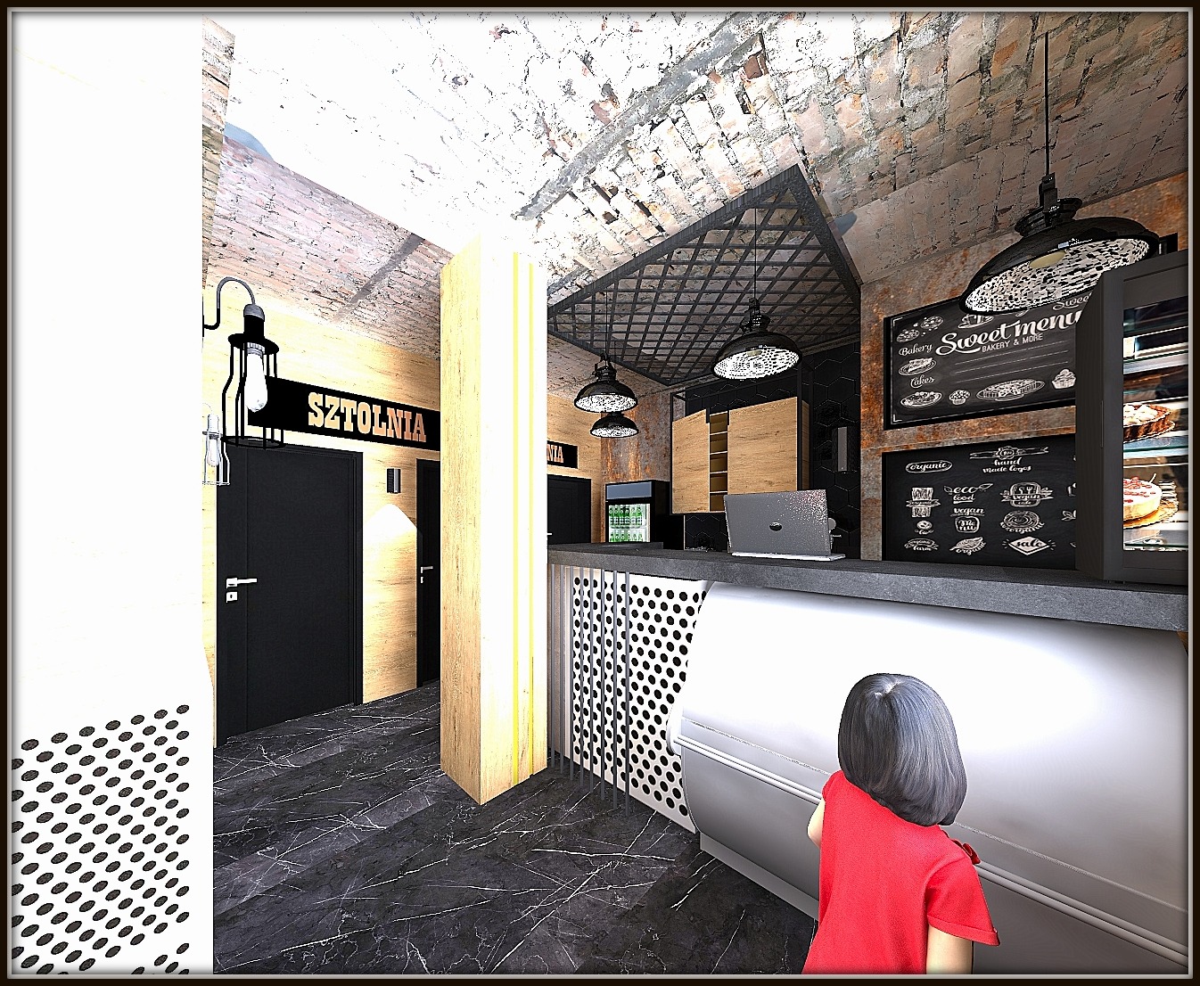 Wizualizacja wnętrza kawiarni/cukierni 'Sztolnia' z elementami industrialnymi: surowy ceglany sufit, czarne lampy wiszące, menu na tablicy kredowej, lada z perforacją, marmurowa podłoga i dziecko...