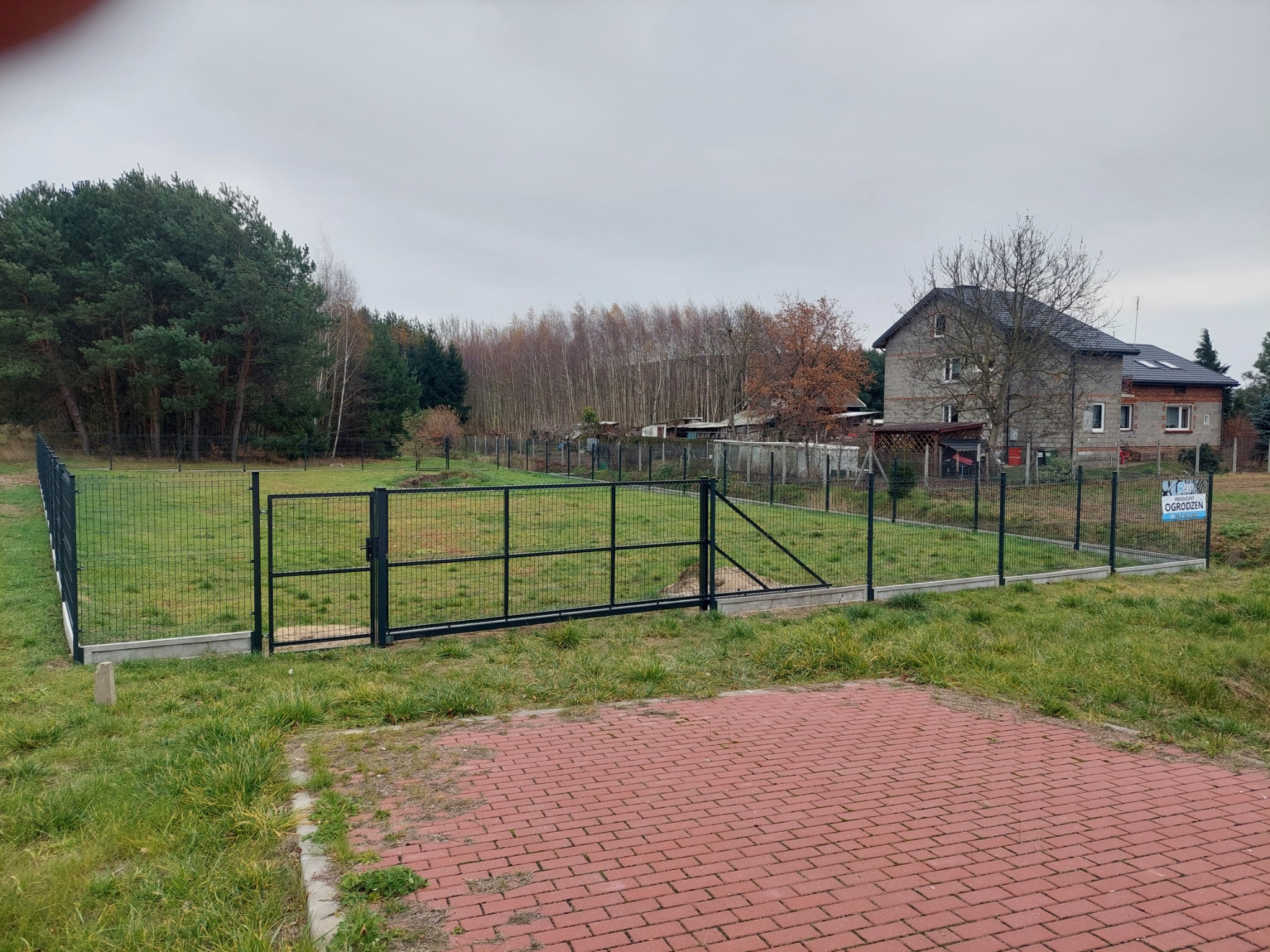 Nowoczesne ogrodzenie panelowe w kolorze grafitowym z bramą wjazdową, otaczające trawnik przed domem z szarą elewacją i ceglanym chodnikiem, widoczne drzewa w tle, pochmurny dzień.