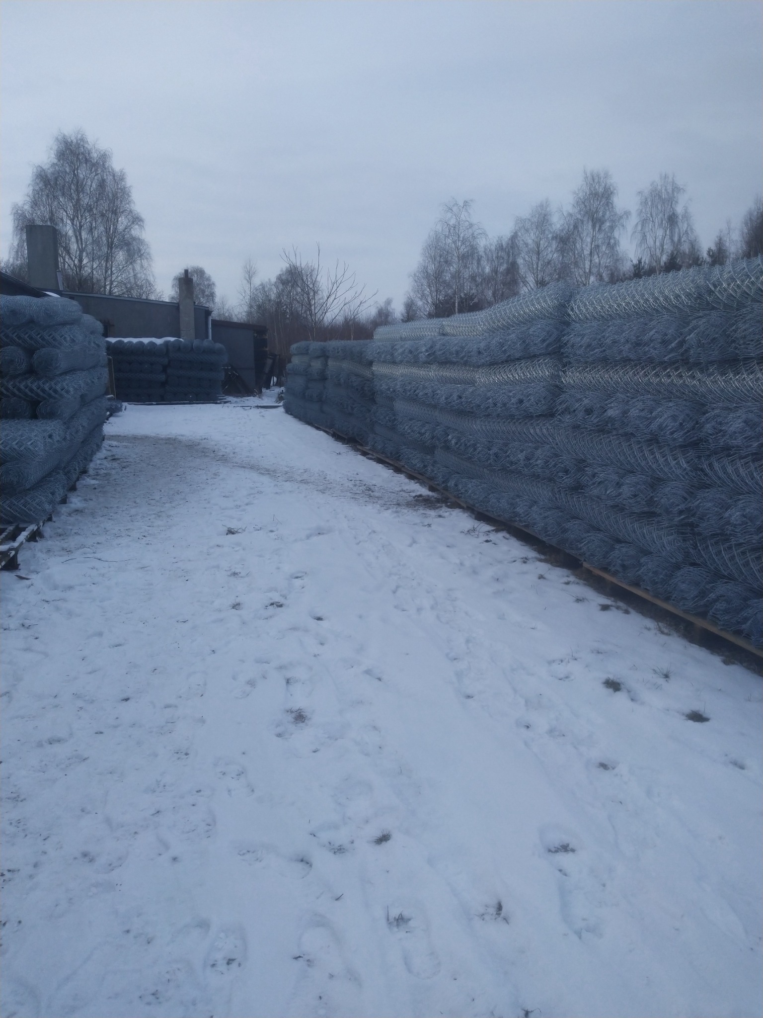 Zimowy skład siatki ogrodzeniowej: stosy zwojów na paletach, śnieg na ziemi, drzewa w tle. Widok z perspektywy alejki między stosami.