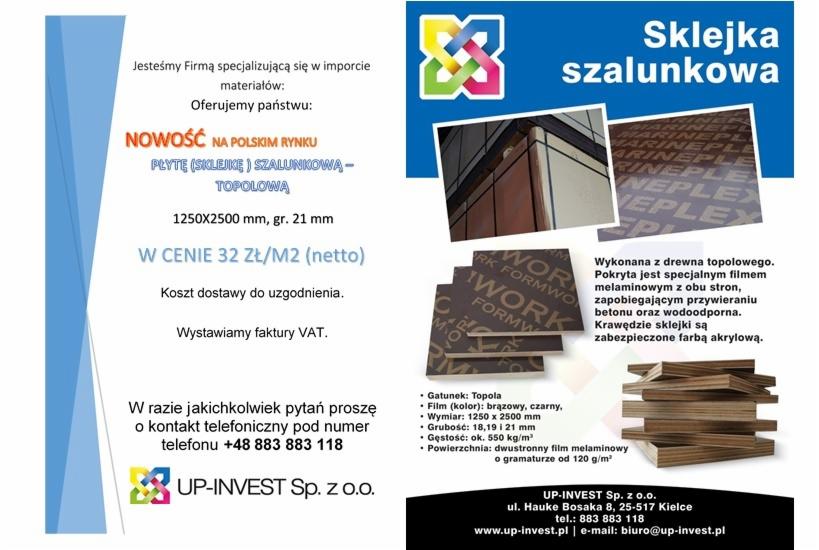 Szalunkowa sklejka topolowa: płyta 1250x2500 mm, grubość 21mm. Wykonana z drewna topolowego, pokryta dwustronnie filmem melaminowym. Nowość na rynku.