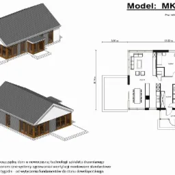 Wizualizacja 3D i rzut poziomy domu model MK-100B o powierzchni 101,34 m2 z logo LumenProf, prezentujące nowoczesną technologię szkieletu drewnianego.