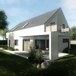 Wizualizacja nowoczesnego domu jednorodzinnego z białymi ścianami, szarym dachem, balkonem z przeszkloną balustradą i tarasem z roślinami ozdobnymi.