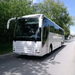 Biały autokar turystyczny na asfaltowej drodze, widok z przodu i boku, zieleń drzew w tle.