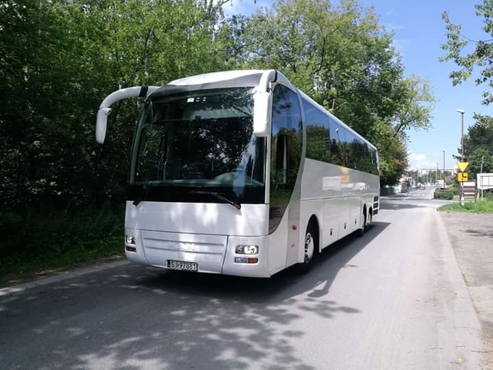 Biały autokar turystyczny na asfaltowej drodze, widok z przodu i boku, zieleń drzew w tle.