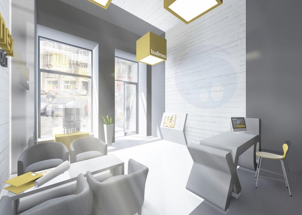 Jasne, nowoczesne biuro z szarymi fotelami, białym stołem i logo Budimex na suficie. Widok na ulicę przez duże okna. Minimalistyczny design i przestronność.