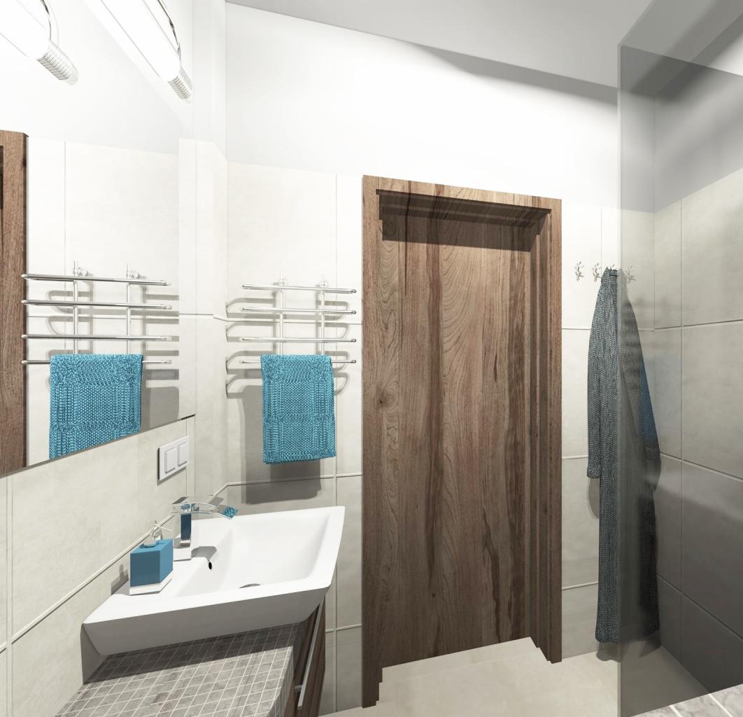 Wizualizacja łazienki: biała umywalka z baterią, turkusowy ręcznik na grzejniku, drewniane drzwi i szary szlafrok na wieszaku. Nowoczesny minimalizm.